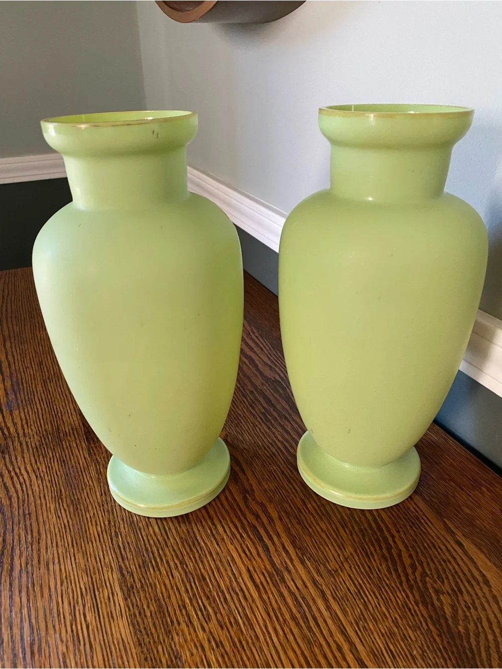 Early 20th Century French Mint Green Art Glass Vases Hand Painted Raised Gilt